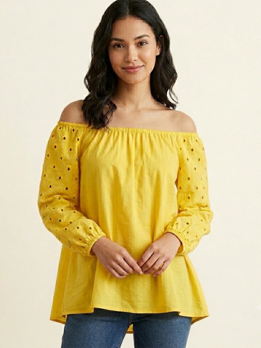 A New Day Yellow Eyelet Puff Sleeve Top M Boho Cottagecore Off Shoulder Coastal